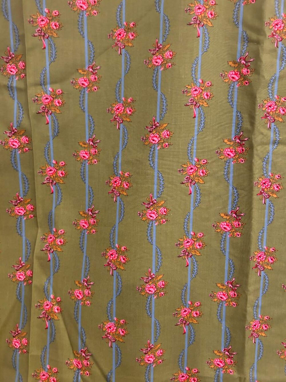 Vintage Green Pink Blue Floral Fabric Yardage 108 x 35 inches